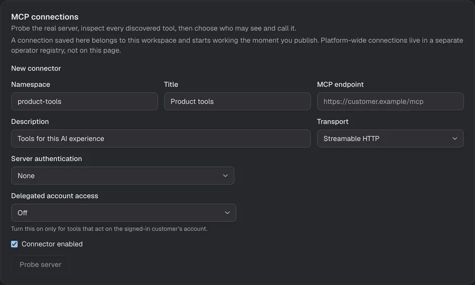 La tarjeta de configuración de Tus herramientas, sobre MCP en la Console.
