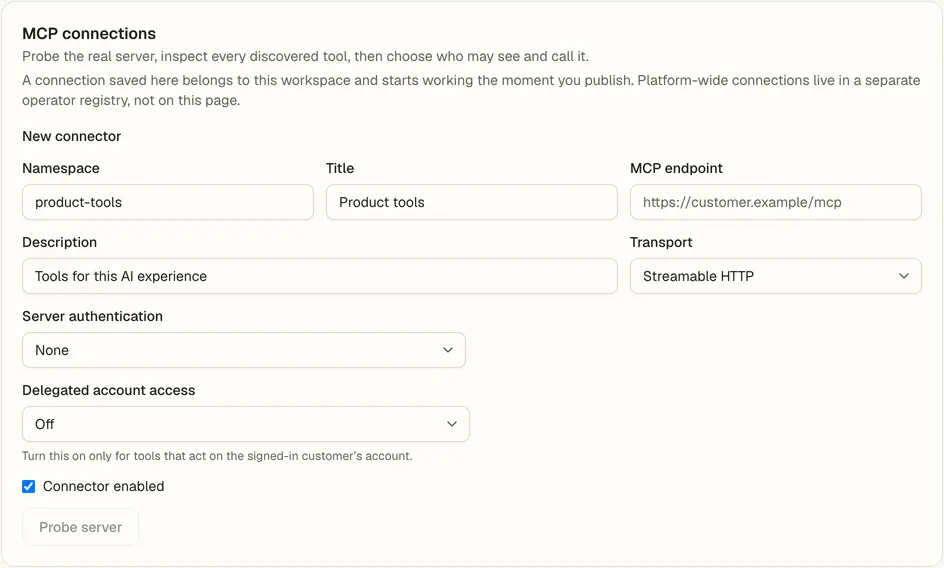 La tarjeta de configuración de Tus herramientas, sobre MCP en la Console.