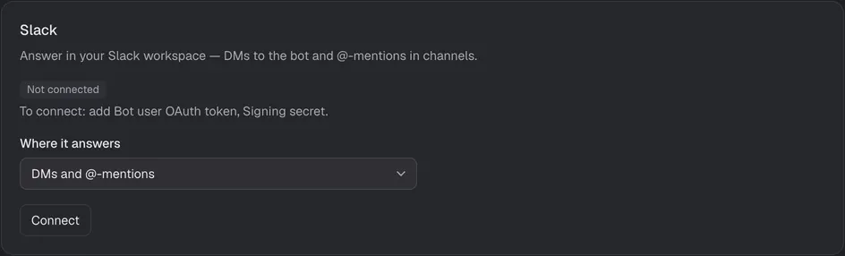 O cartão de configuração do Slack na Console.