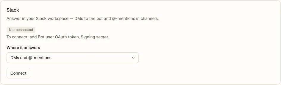 O cartão de configuração do Slack na Console.