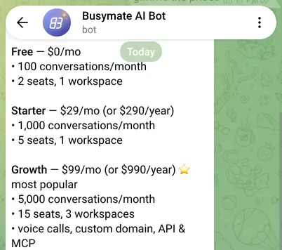 A real Telegram conversation: a customer writes and your mate answers.