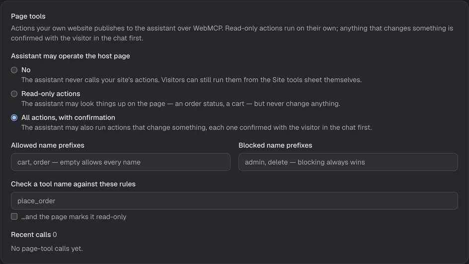 O cartão de configuração do Ferramentas WebMCP na Console.