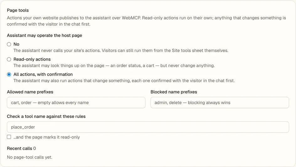 O cartão de configuração do Ferramentas WebMCP na Console.