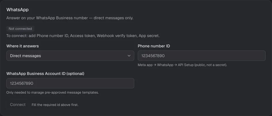 Console 内の WhatsApp 設定カード。