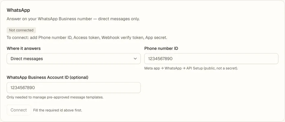 Console 内の WhatsApp 設定カード。