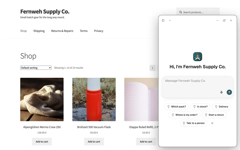 محادثة رفيقك مفتوحة على موقع WooCommerce حقيقي.