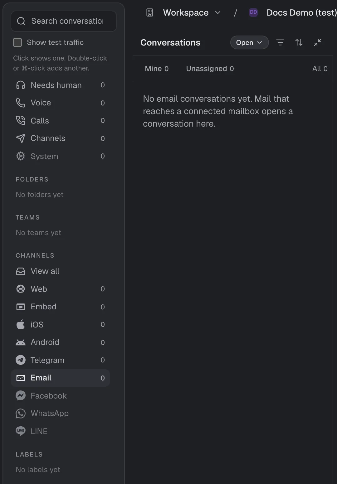 The Inbox filtered to the Email channel