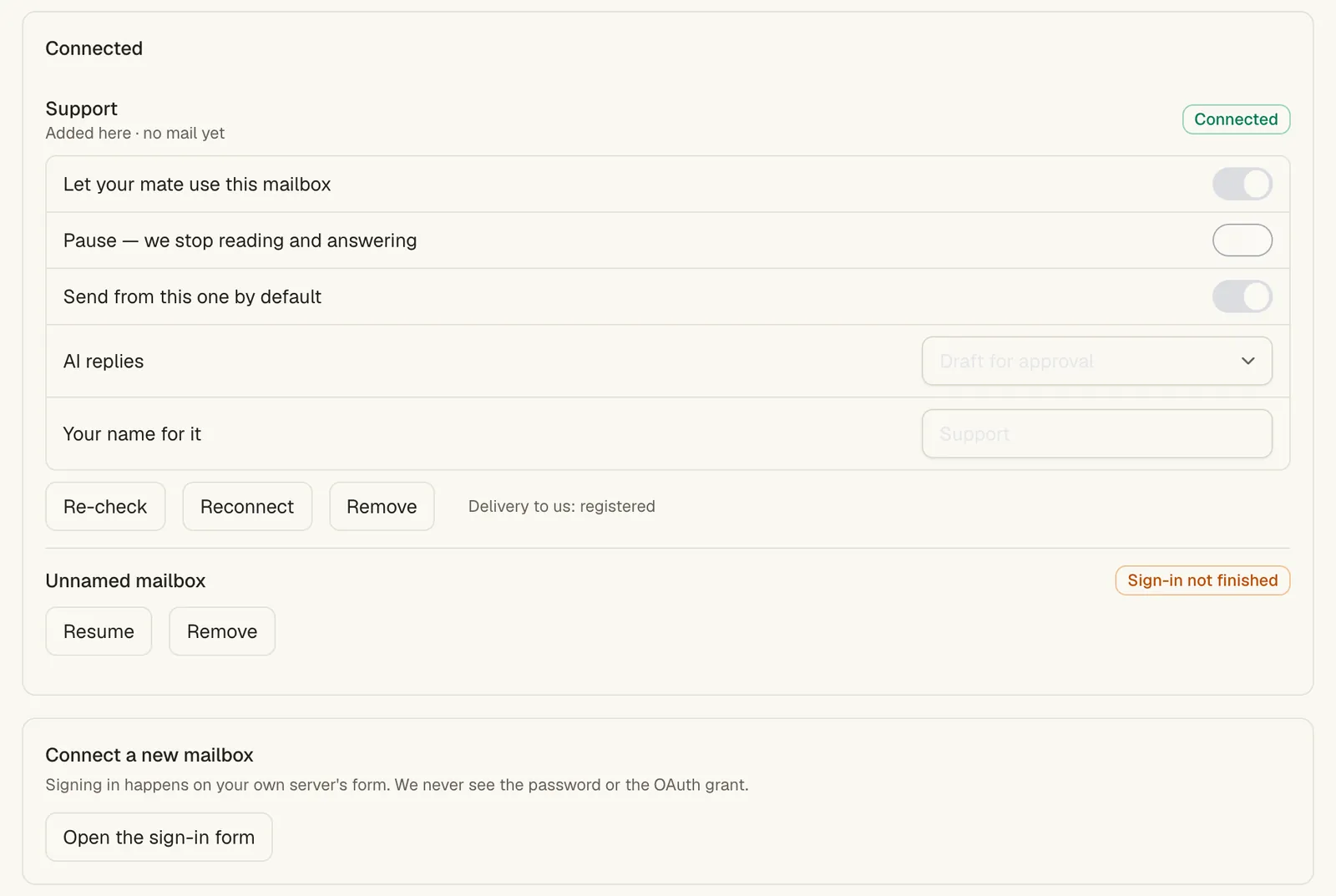 A connected mailbox card with its switches and AI replies, an unfinished sign-in below it, and Connect a new mailbox