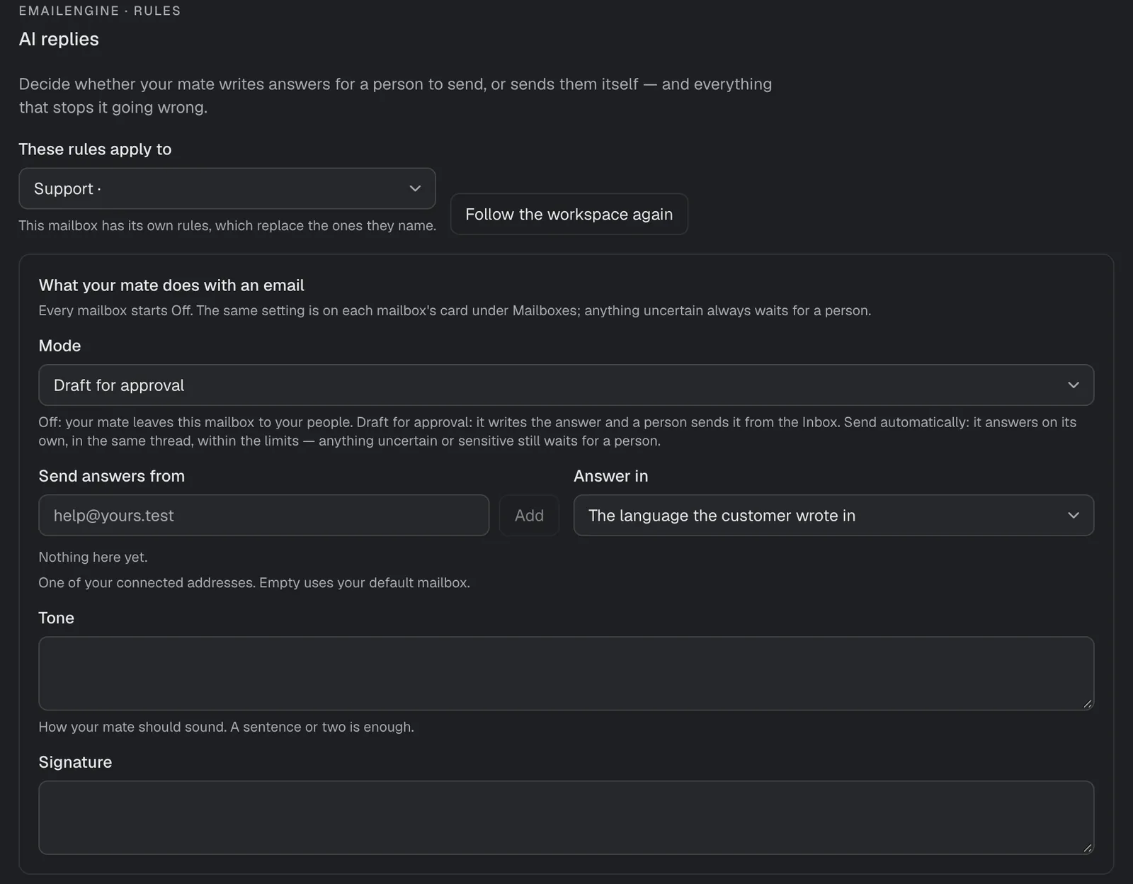 Rules, AI replies: the mode for one mailbox, with tone and signature