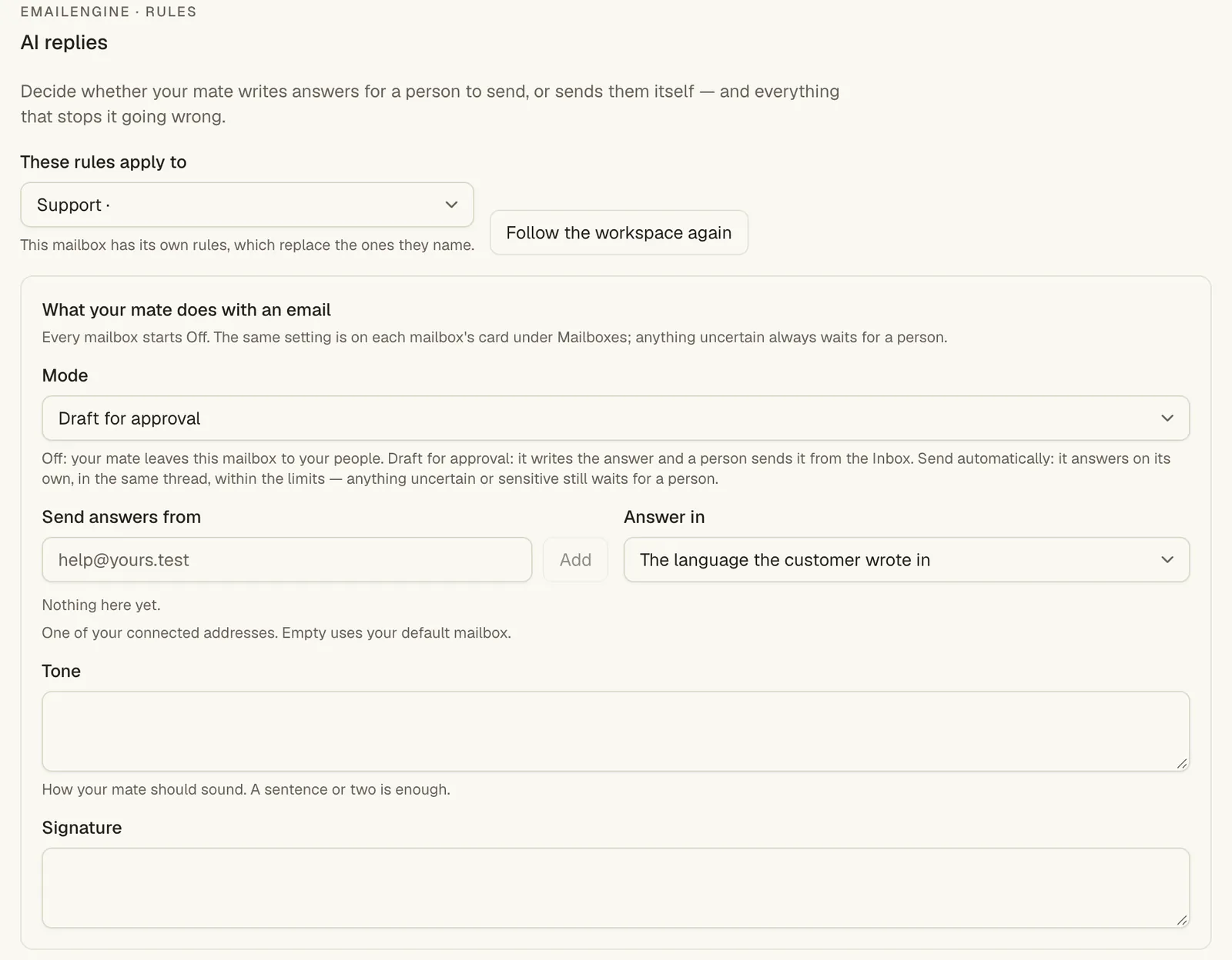 Rules, AI replies: the mode for one mailbox, with tone and signature