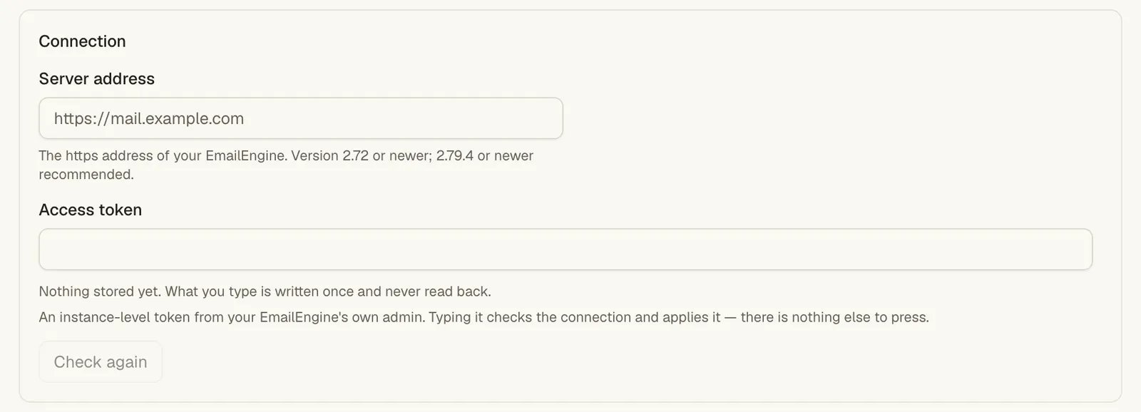The Connection card with the server address and access token fields