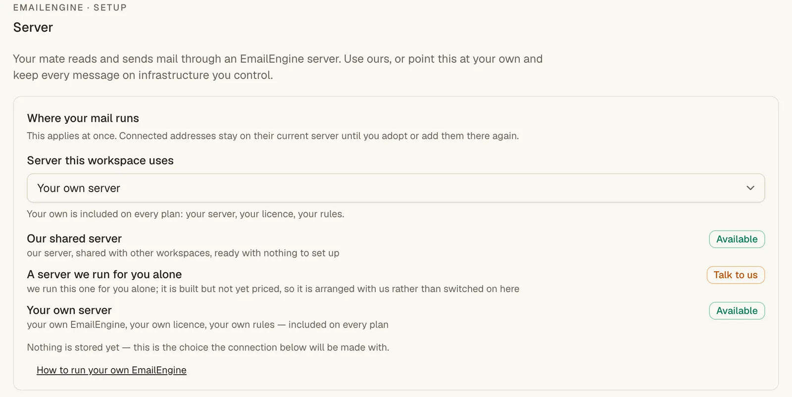 The Server page: Where your mail runs, with the shared server and your own server both available