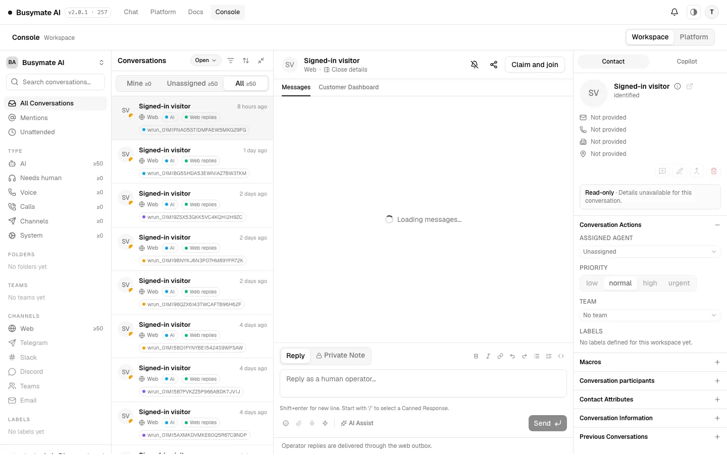 AI-only signed-in visitor conversation selected in the Busymate AI unified Inbox