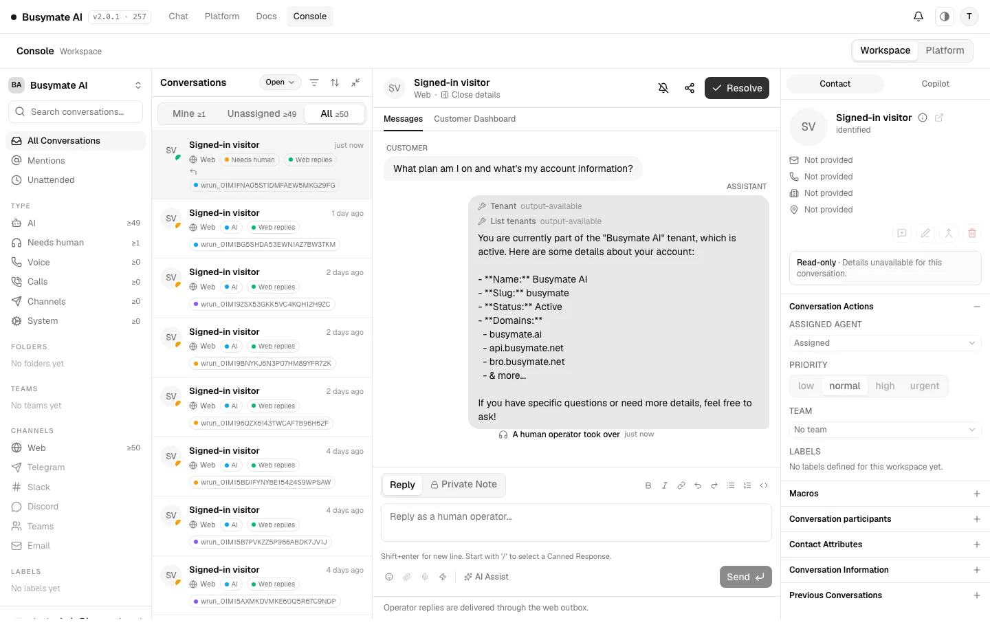 AI-only conversation promoted to an active human support session