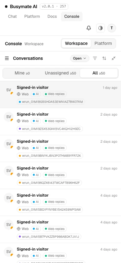 Busymate AI unified Inbox at a 390 pixel mobile viewport