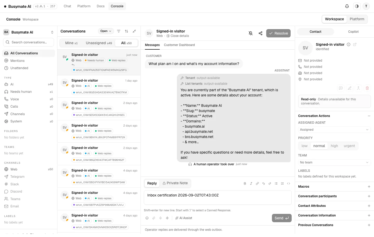 Human operator reply rendered in the unified Inbox transcript