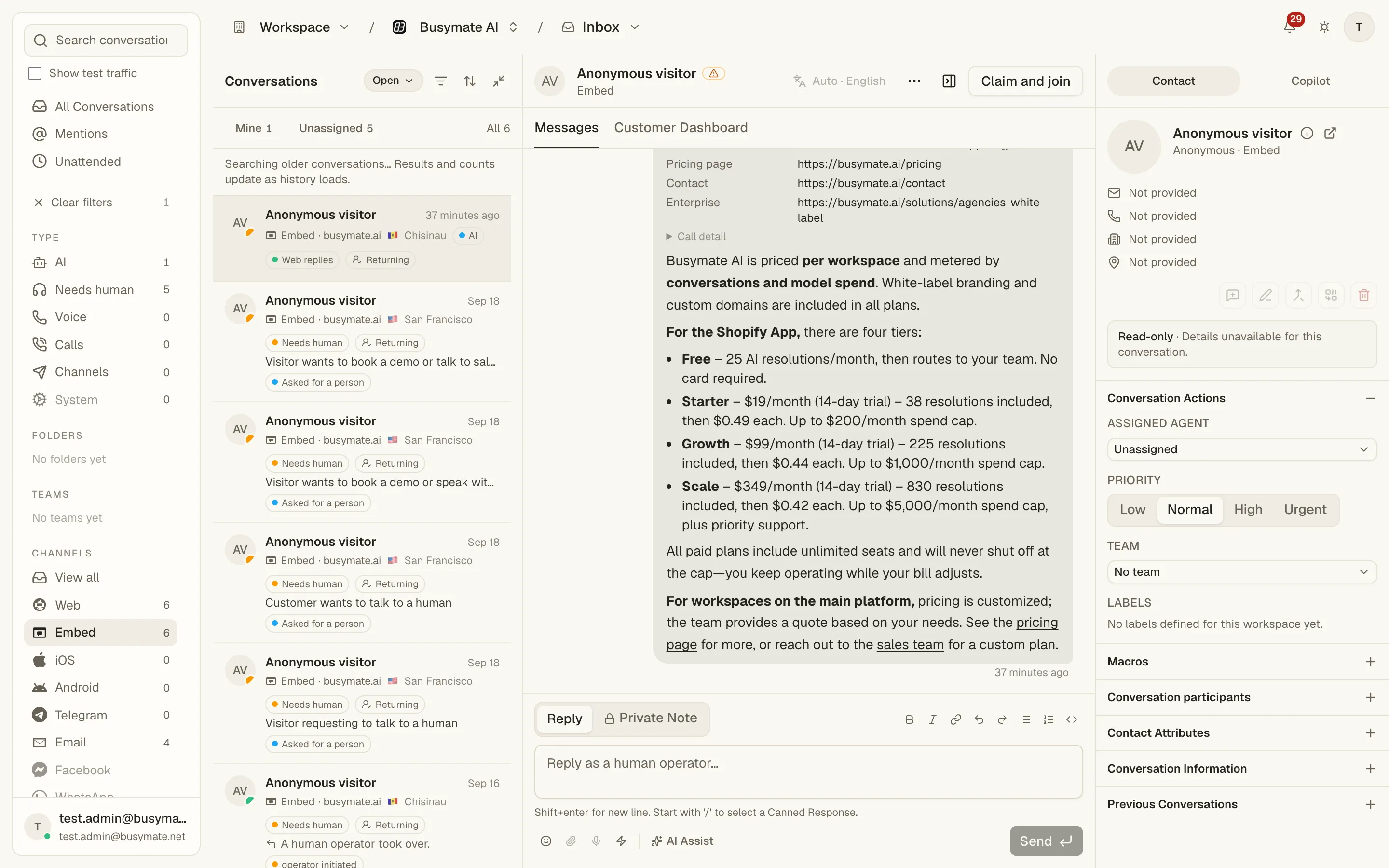 La Console Inbox: conversazioni di visitatori anonimi contrassegnate Needs human sulla sinistra, un thread aperto con la risposta dell'assistente e un pulsante Claim and join, e la casella di risposta per un compagno di squadra.