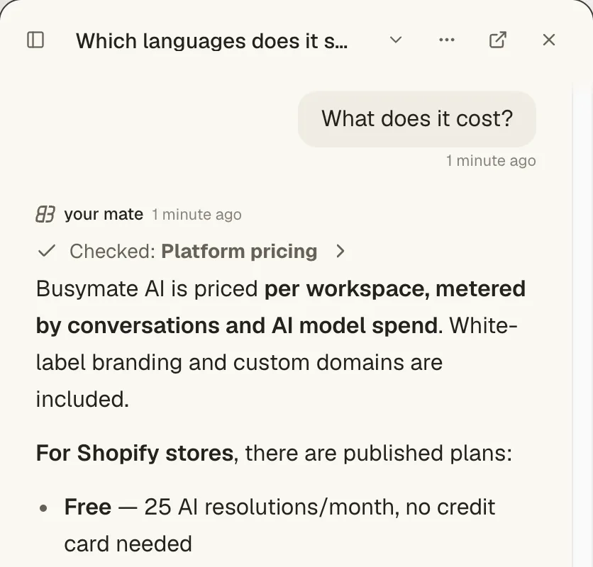 The chat panel on this site: a visitor asks what it costs, the assistant shows the page it checked and answers from the platform's own pricing page.
